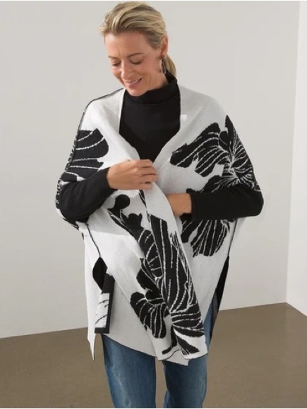 Chico’s Floral Ruana Shawl Black & White Sweater
